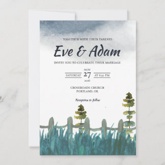 Convite Casamento de Inverno em Aquarela com Cerca de Pinh