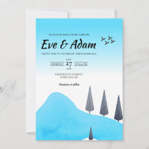 Convite Casamento de Inverno em Aquarela com Pinheiro Azul