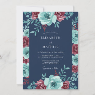 Convite Casamento de Inverno em Azul-Marinho e Verde-Azula