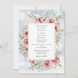 Convite Casamento de Inverno em Rosa Dourado Floral empoei