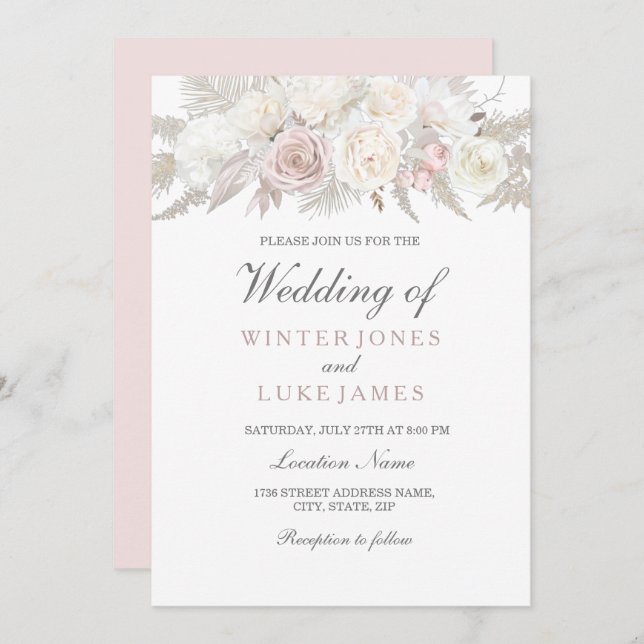 Convite Casamento de Inverno Encantador em Marfim e Rosa (Frente/Verso)