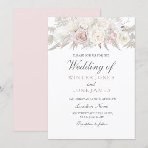 Convite Casamento de Inverno Encantador em Marfim e Rosa