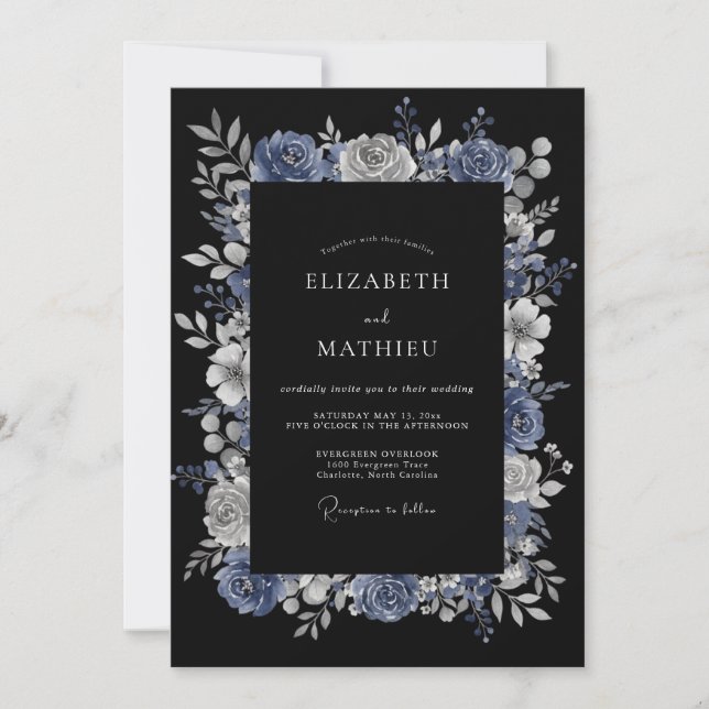 Convite Casamento de Inverno Enigmático em Azul Desbotado (Frente)