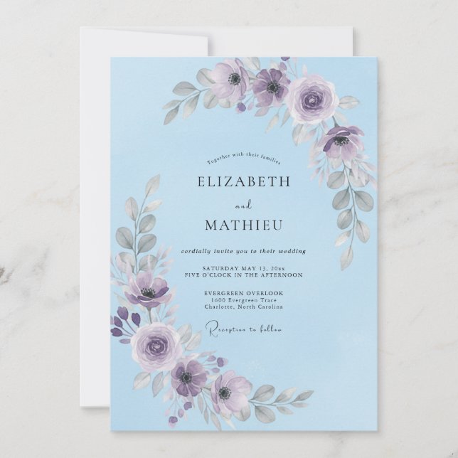 Convite Casamento de Inverno Esplêndido Azul Céu (Frente)