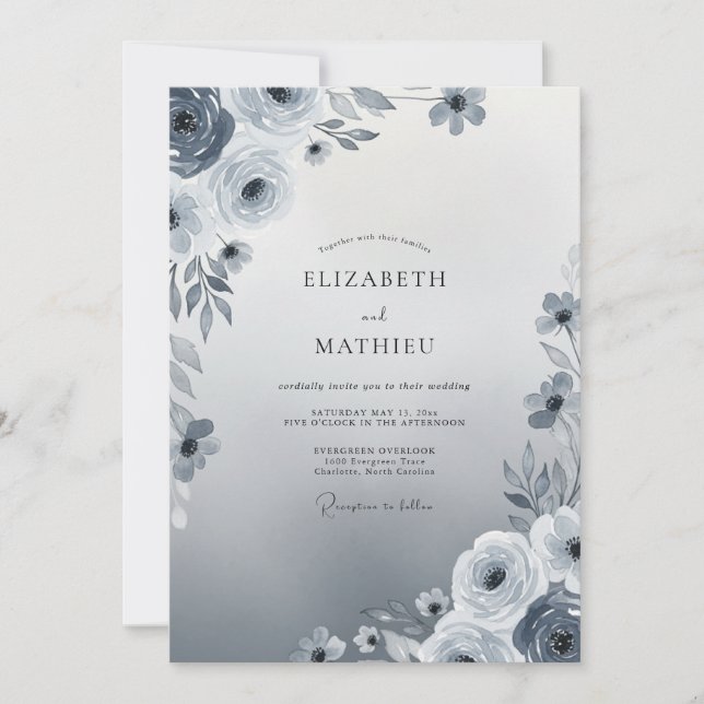 Convite Casamento de Inverno Etéreo Azul Ardósia (Frente)