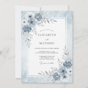 Convite Casamento de Inverno Etéreo Azul Empoeirado