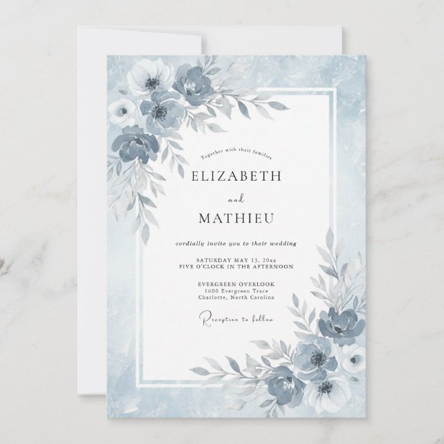 Convite Casamento de Inverno Etéreo Azul Empoeirado (Frente)