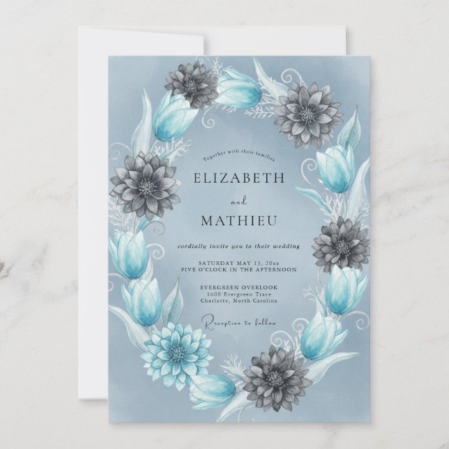 Convite Casamento de Inverno Etéreo Azul Gelo (Frente)