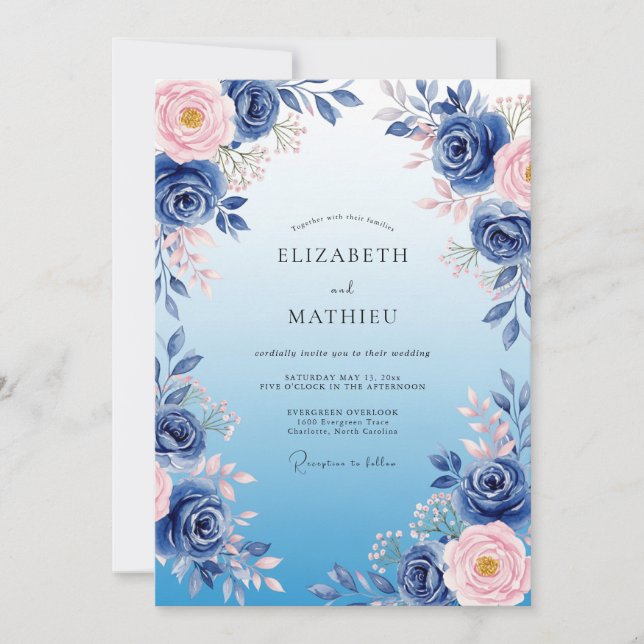 Convite Casamento de Inverno Etéreo Azul Marinho (Frente)