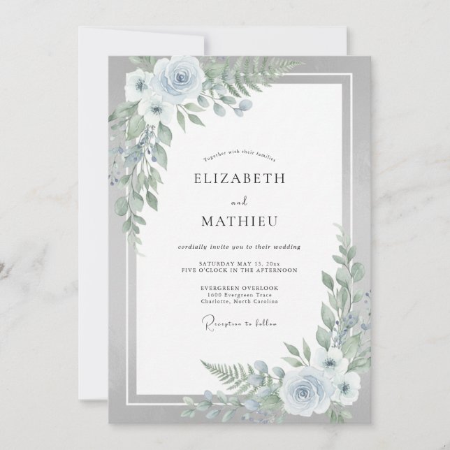 Convite Casamento de Inverno Etéreo Azul Pálido (Frente)