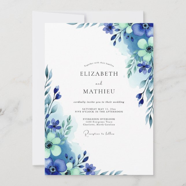 Convite Casamento de Inverno Etéreo Azul Real (Frente)