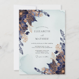 Convite Casamento de Inverno Exquisito em Dourado Marinho