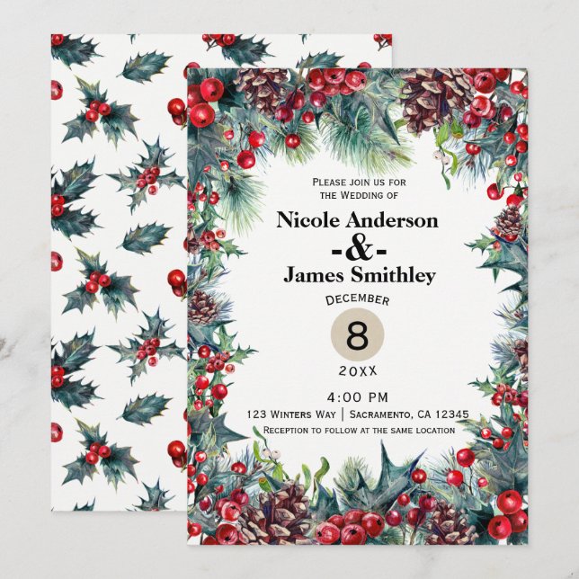 Convite Casamento de Inverno Férias de Natal Bagas de Pinh (Frente/Verso)