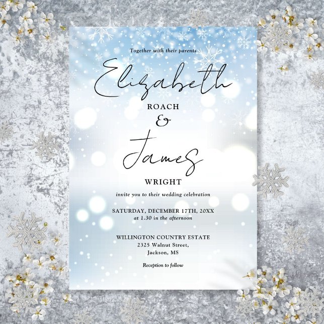 Convite Casamento de Inverno Flocos de Neve em Roteiro Mod (Modern Elegant Script Snowflakes Winter Wedding Invitation)