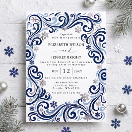 Convite Casamento de Inverno Flocos de Neve Marinho Prata