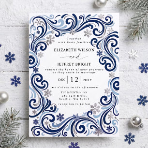 Convite Casamento de Inverno Flocos de Neve Marinho Prata