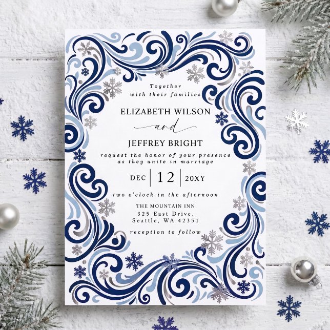 Convite Casamento de Inverno Flocos de Neve Marinho Prata (Silver Navy Snowflakes Winter Wedding Invitation)