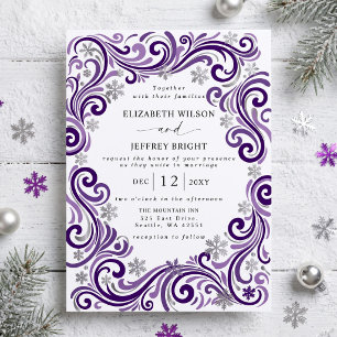 Convite Casamento de Inverno Flocos de Neve Roxo Prata