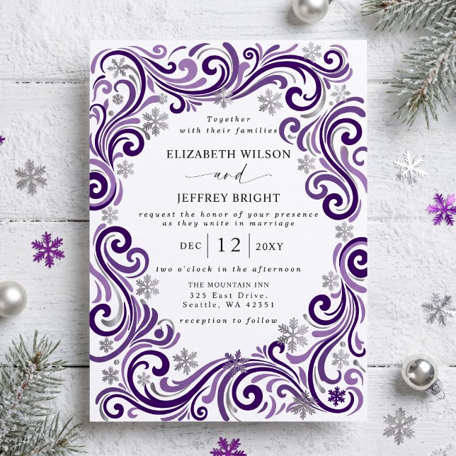 Convite Casamento de Inverno Flocos de Neve Roxo Prata (Silver Purple Snowflakes Winter Wedding Invitation)