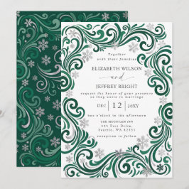 Convite Casamento de Inverno Flocos de Neve Verde Esmerald