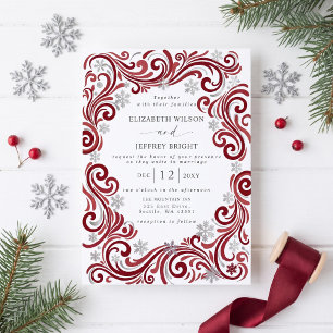 Convite Casamento de Inverno Flocos de Neve Vermelho Prata