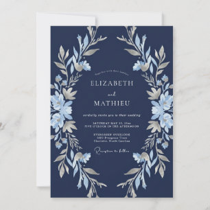 Convite Casamento de Inverno Floral Azul Marinho