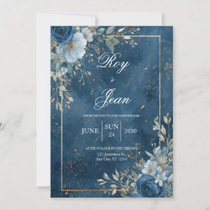 Convite Casamento de Inverno Floral Azul Marinho Dourado