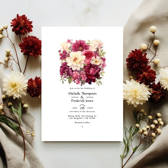 Convite Casamento de Inverno Floral com Granada e Creme (Criador carregado)