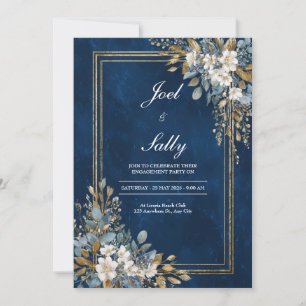 Convite Casamento de Inverno Floral com Mármore Azul Marin