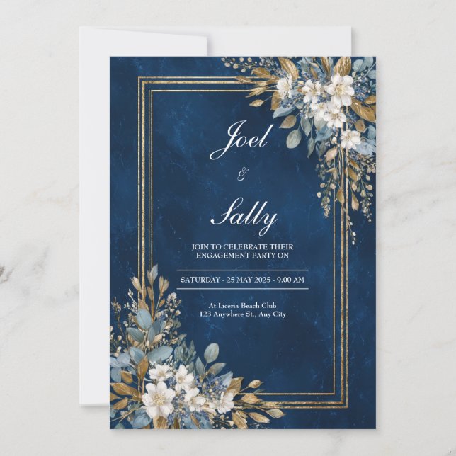Convite Casamento de Inverno Floral com Mármore Azul Marin (Frente)