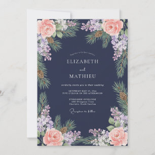 Convite Casamento de Inverno Floral com Pinhas em Azul Mar