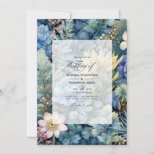 Convite Casamento de Inverno Floral com Pinho, Latão e Azu