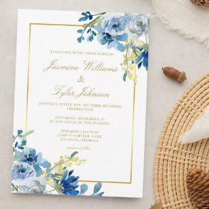 Convite Casamento de Inverno Floral Elegante Noite Azul Do