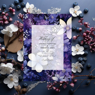 Convite Casamento de Inverno Floral Roxo, Azul Marinho e P