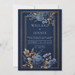 Convite Casamento de Inverno Floral Texturizado em Azul Na