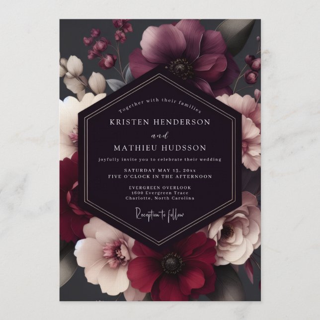 Convite Casamento de Inverno Floral Tinto Borgonha (Frente)