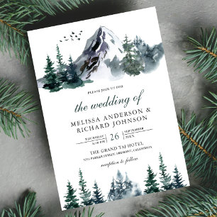 Convite Casamento de Inverno Floresta Montanhosa Aquarela