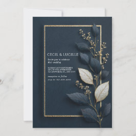 Convite Casamento de Inverno Folha Botânica Azul Naval Dou