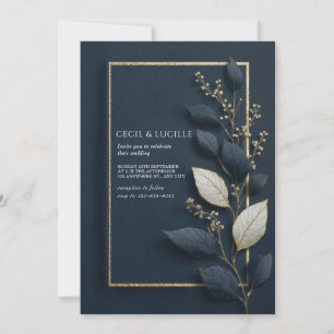 Convite Casamento de Inverno Folha Botânica Azul Naval Dou