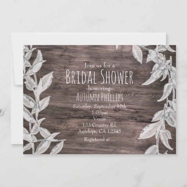 Convite Casamento de Inverno Folhas Prateadas e Brancas Rú (Frente)