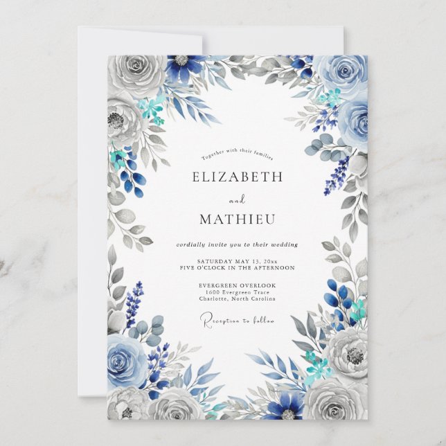 Convite Casamento de Inverno Gelado Azul Aço (Frente)