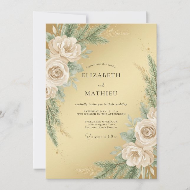 Convite Casamento de Inverno Ilustre Dourado (Frente)
