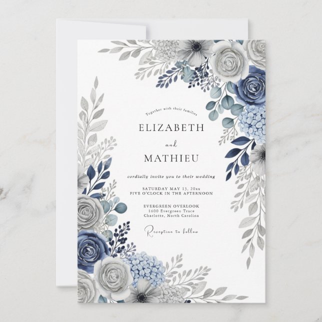 Convite Casamento de Inverno Imaculado Azul Naval (Frente)