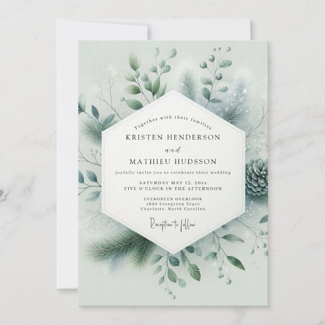Convite Casamento de Inverno Imaculado em Verde Sage (Frente)