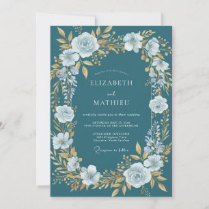 Convite Casamento de Inverno Majestoso em Verde-azulado