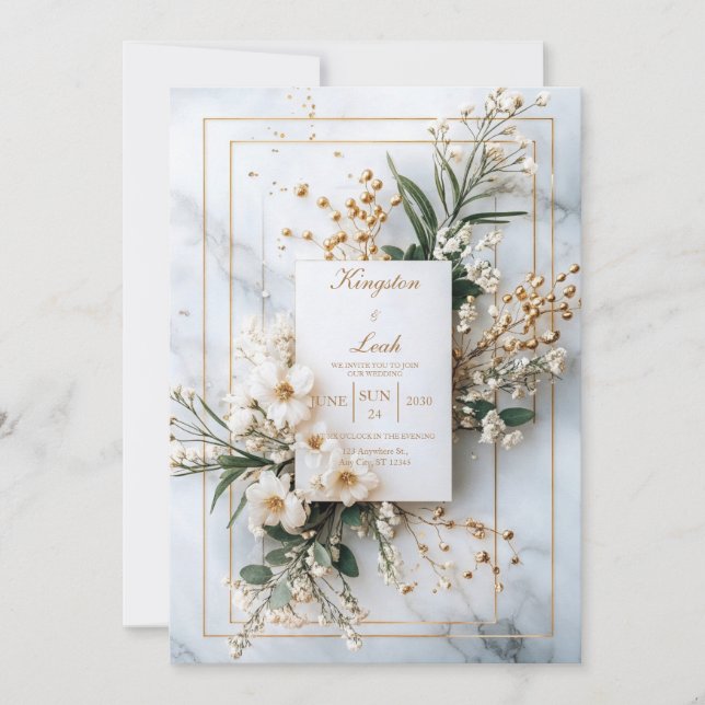 Convite Casamento de Inverno Opulento com Mármore Dourado  (Frente)