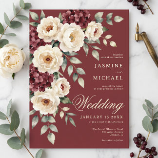 Convite Casamento de Inverno Peônia Aquarela Borgonha Mal-