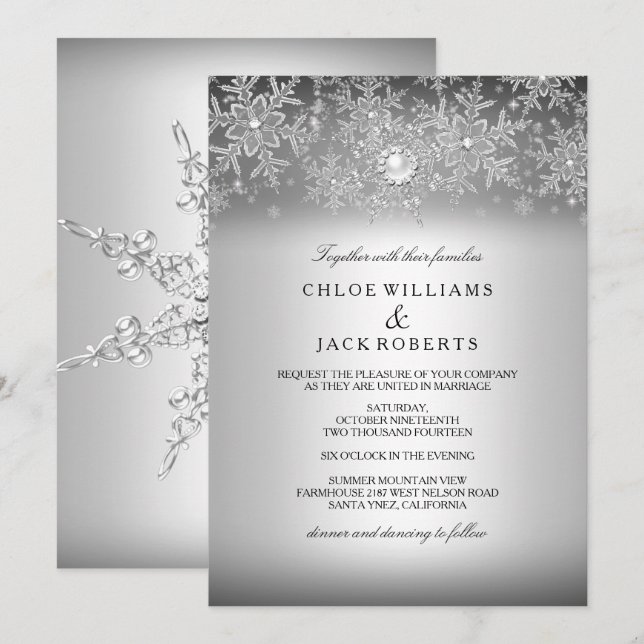 Convite Casamento de Inverno Prata Floco de Neve Pérola Cr (Frente/Verso)