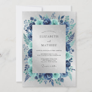 Convite Casamento de Inverno Prateado Azul-Marinho Gelado