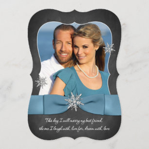 Convite Casamento de Inverno Quadro Negro, Azul Floco de